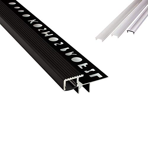 T-4058 LED Alu Fliesenprofil Treppenprofil Stufen 10mm schwarz + Abdeckung Abschlussleiste Fliesen für LED-Streifen-Strip 2m milky