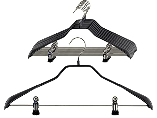 MAWA Universalbügel, 10 Stück, Universalbügel mit Klammernsteg für T-Shirts, Hosen, Röcke und Tops, drehbarer Euro-Haken, hochwertige Antirutsch-Beschichtung, 42 cm, Schwarz