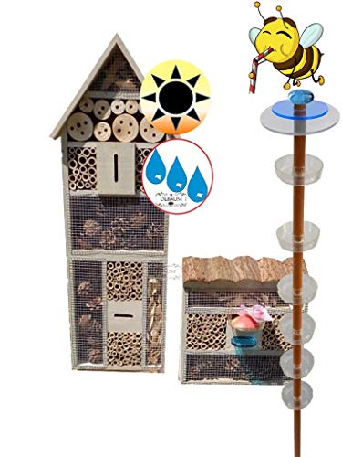 Gartendeko-Stecker mit Lichteffekt, Sonnenfänger als funktionale Bienentränke + 2X Lotus BIENENHAUS Insektenhaus,XXL Bienenstock & Bienenfutterstation für Wildbienen, Insekten Überwinterung, grau
