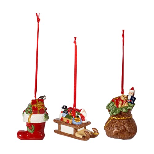 Villeroy & Boch Nostalgic Ornaments Ornamente-Set Geschenke 3tlg., Stiefel, Schlitten und Geschenkesack als Baumschmuck aus Hartporzellan, bunt