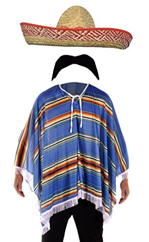 Bristol Novelty Kostüm Mexikanischer Bandit - für Herren - Poncho, Sombrero & Schnurrbart