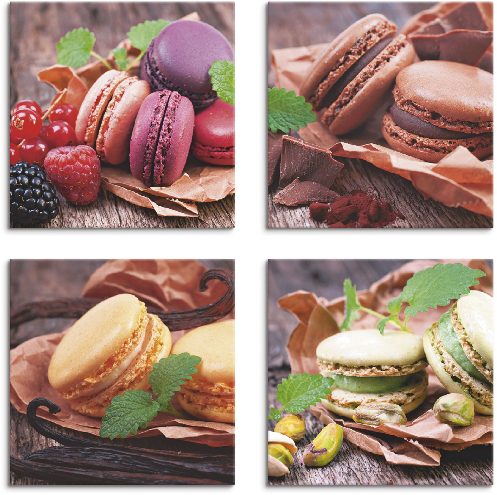 Artland Leinwandbild "Macarons", Süßspeisen, (4 St.), 4er Set, verschiedene Größen