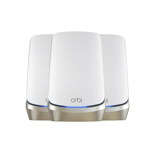 NETGEAR Orbi RBKE963 Quad-Band WiFi 6E Mesh WLAN System AXE11000 | Mesh Router mit 2 Satelliten | Abdeckung von bis zu 600 m² und 200 Geräten mit bis zu 10,8 GBit/s | 3X 2.5 GB und 9X GB LAN-Ports