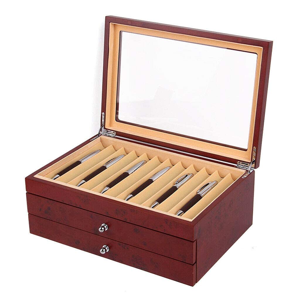 RANZIX 3-lagige Holzstift-Anzeigebox Stifthalterbox mit Vitrine Stiftebox Holz für 34 Füller Stifte Kugelschreiber Federhalter Display Box (Rot)