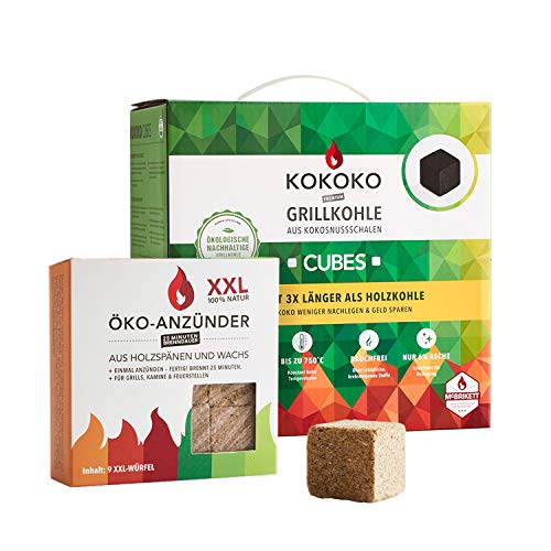 Set: KOKOKO Cubes Bio Kokos Grillbriketts in Würfelform 8 kg & ÖKO-ANZÜNDWÜRFEL