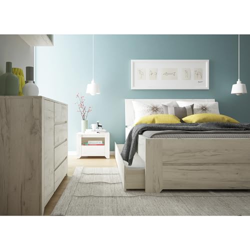 Lomadox Schlafzimmer Set 6-teilig mit Bett 160x200cm,Kommode, 2 Nachttische, 2 Bettschubladen in Craft Eiche weiß Modern