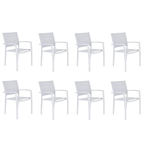 NATERIAL - 8er Set Gartenstühle Orion BETA II mit Armlehnen - 8 Gartensessel - Stapelbar - Terrassenstühle - Essstühle - Aluminium - Textilene - Weiß