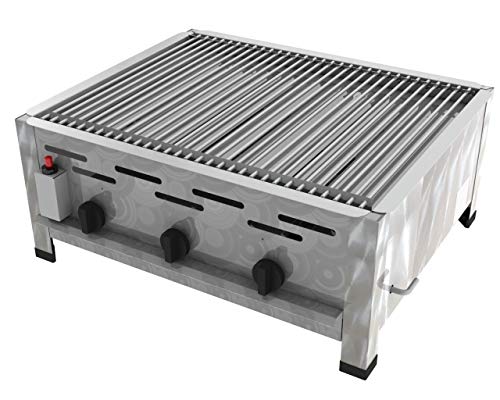 ChattenGlut Professional Gastrobräter 3-flammig Tischgerät Edelstahl Stahlbrenner für Flüssiggas 650x530x270mm (13,5kW einzelnen Edelstahlstäben als Rost)