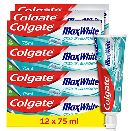 COLGATE - Zahnpasta Colgate Max White Crystaux White – Zahnpasta Weiß – Tube recycelbar – 12 Tuben Zahnpasta à 75 ml