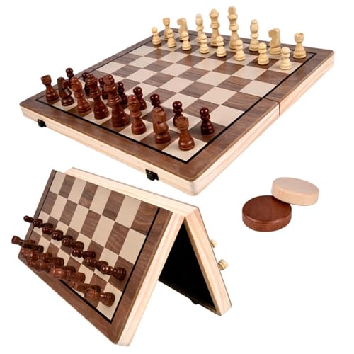 RATSTONE Schachspiel，Schachbrett，Schachspiel Holz，2 in 1 Schach, faltbares Brett magnetisches handgemachtes Schach mit großen Stücken Spielzeug und Geschenke für Kinder, 39 x 39 cm