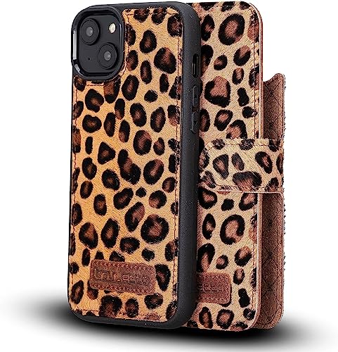 Bouletta iPhone 14-6.1 - Hochqualitative Abnehmbare Handyhülle/Schutzhülle - Echtes Leder mit 3 Kartenfächern und 1 Geldscheinfach - mehrere Farben zur Auswahl (Leopard Design)