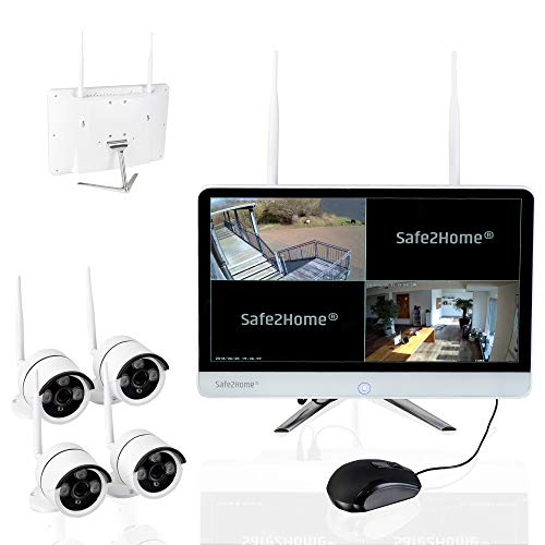 Safe2Home Funk Überwachungskamera Set deutsch - 8 Kanal 4X Full HD Cam – Kamera Set Monitor inkl Rekorder - Secure S1.0 - Speicher - innen außen - Funk Kameras 2,4 GhZ Nachtsicht