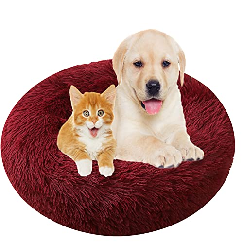 Hundebett, Rund Plüsch Haustierbett Flauschig Waschbares Katzenbett mit Reißverschluss Warme Donut Hundekissen für Haustiere- Red Wine|| Ø 110cm/44in