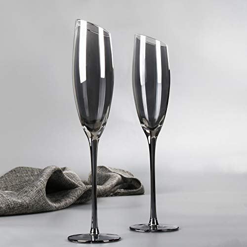 REAWOW Kristall Champagnergläser Sektgläser 180ml Bleifreies Galvanik Grau Champagnerflöten Sekt-Kelch mit gezogenem Stiel Geschenk Set 2tlg