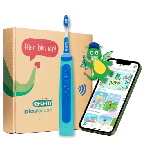 GUM Playbrush JUNIOR 6+, smarte elektrische Schallzahnbürste für Kinder ab 6 Jahren mit interaktiver Spiele-App, Andruckkontrolle, Timer, 2 Putzprogrammen, 1 Aufsteckbürste, 8 Wochen Akku, Blau