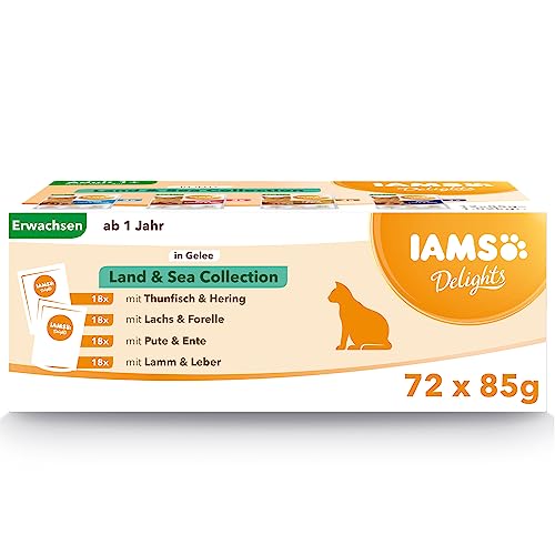IAMS Delights Land & Sea Collection Katzenfutter Nass - Multipack mit Fleisch und Fisch Sorten in Gelee, Nassfutter für Katzen ab 1 Jahr, 72 x 85 g