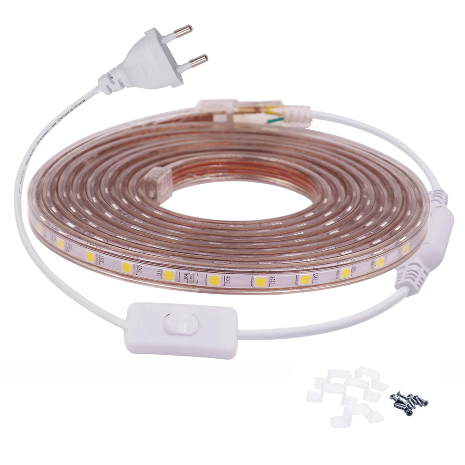 FOLGEMIR 8m Warmweiß LED Band mit Schalter, 220V 230V Lichtleiste, 60 Leds/m Strip, IP65 Lichtschlauch, milde Hintergrundbeleuchtung