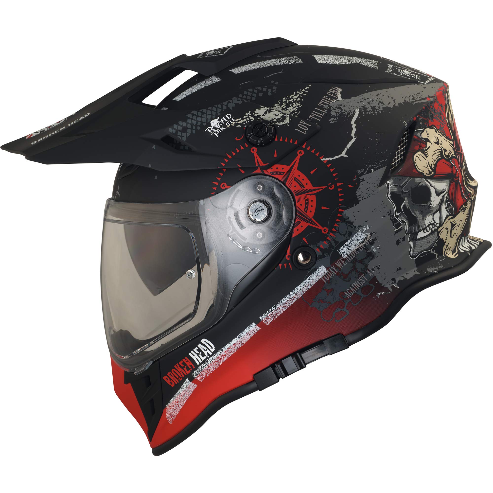Broken Head Road Pirate VX2 Motocross-Helm - Motorradhelm Mit Sonnenblende - MX Cross-Helm In Schwarz & Rot - Größe L (59-60 cm)