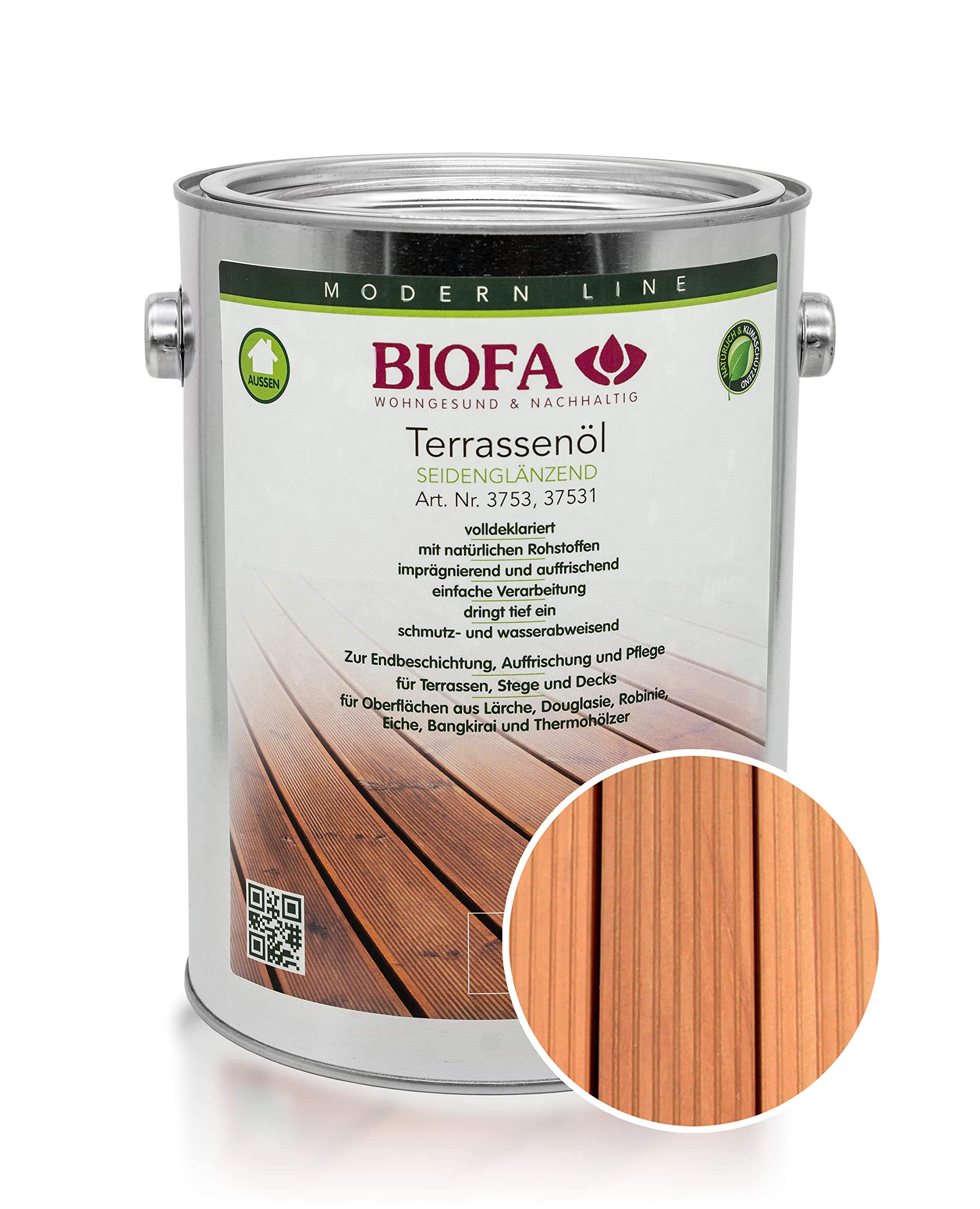 BIOFA Terrassenöl farbig 37531 Pflegeöl für Holzterrassen und Terrassen-Dielen aus Holz – Öl aus natürlichen Rohstoffen - Außenbereich (2,5L, Lärche)