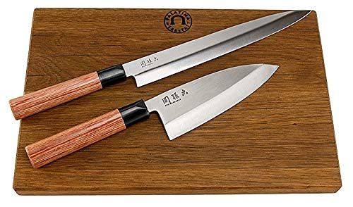 Exklusives Kai Seki Magoroku Redwood Messerset | 1 Yanagiba (Sushi-Messer), 24 cm Klinge + 1 Deba(Fischmesser) 15,5 cm Klinge+ großes massives Schneidebrett aus Eiche (34x21 cm) | VK: 194,90 €
