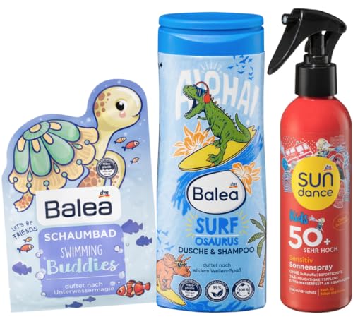 Balea x Sundance 3er-Set Hautpflege für Kinder: SURFOSAURUS 2in1 Duschgel & Shampoo milde Reinigung (300 ml) + Schaumbad SWIMMING BUDDIES (40 ml) + SONNENSPRAY KIDS Sensitiv LSF 50+ (200 ml), 540 ml
