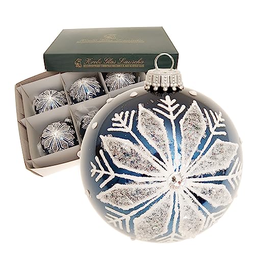 Krebs Glas Lauscha - Weihnachtsdekoration/Christbaumschmuck aus Glas - Weihnachtskugeln - Motiv: Kobaltblau-glänzend mit Schneeflocke - Größe: 6 mal 8cm