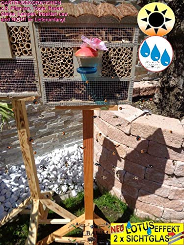 1x XL insektenhotel Rindendach, mit Lotus+2xBrutröhrchen, Bienenhaus mit Standfuß UND TRÄNKE insektenhotel grau