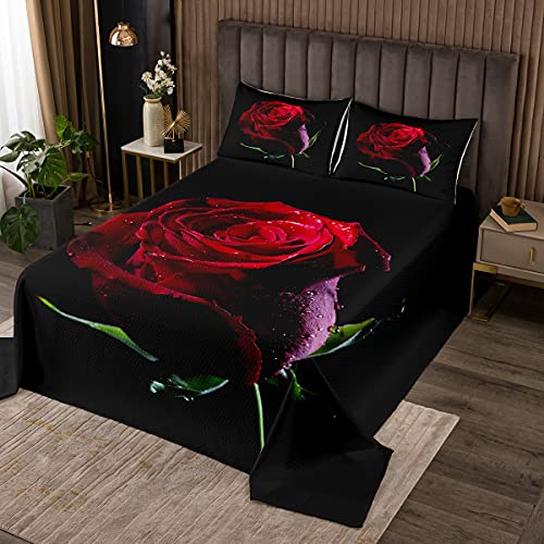 3D Rote Rose Tagesdecke 240x260cm Frauen Rose Blumendruck Bettüberwurf Romantische Blumen Steppdecke Botanische Zweige Wohndecke