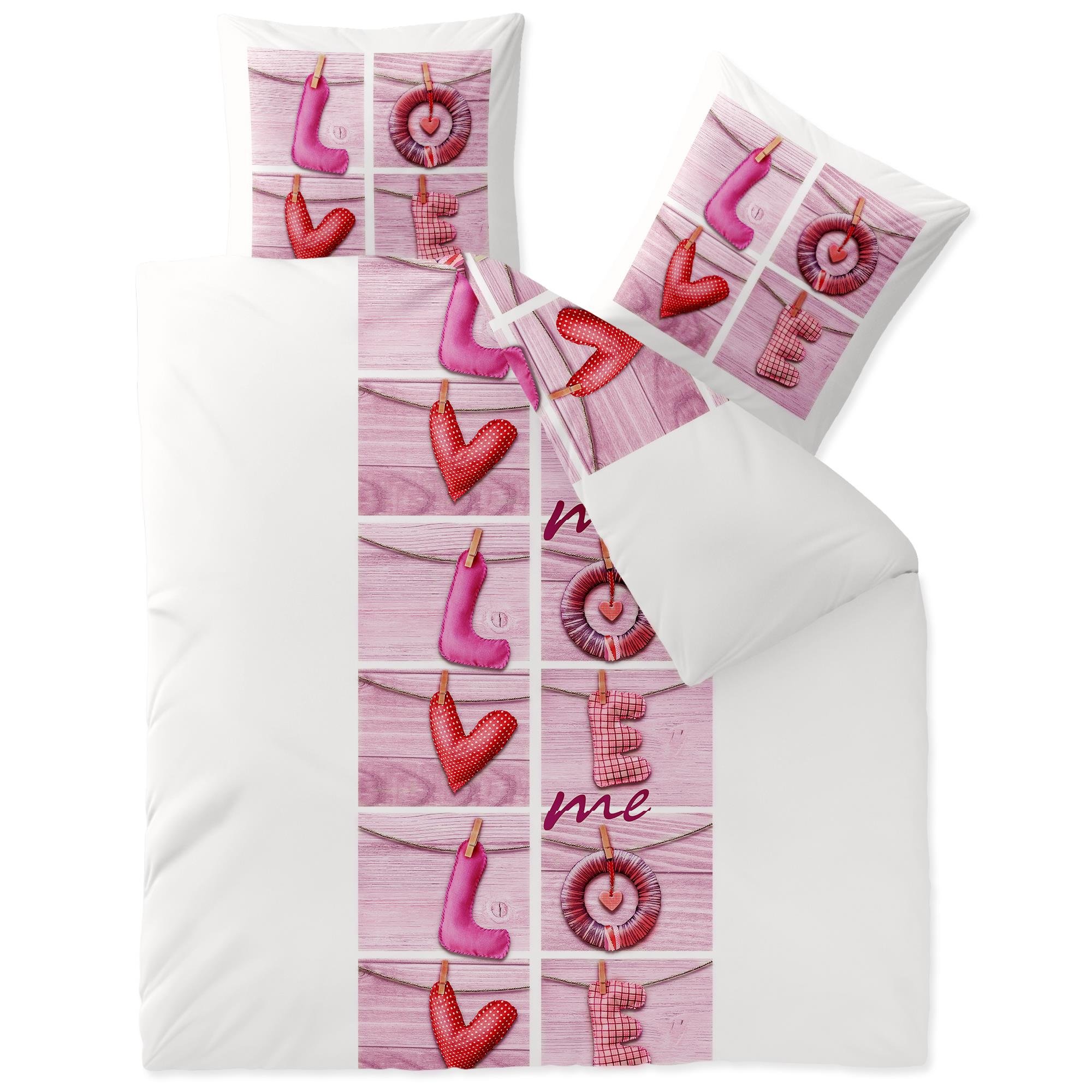CelinaTex Touchme Biber Bettwäsche 200 x 220 cm 3teilig Baumwolle Bettbezug Loana Love Herz Wörter weiß pink rosa