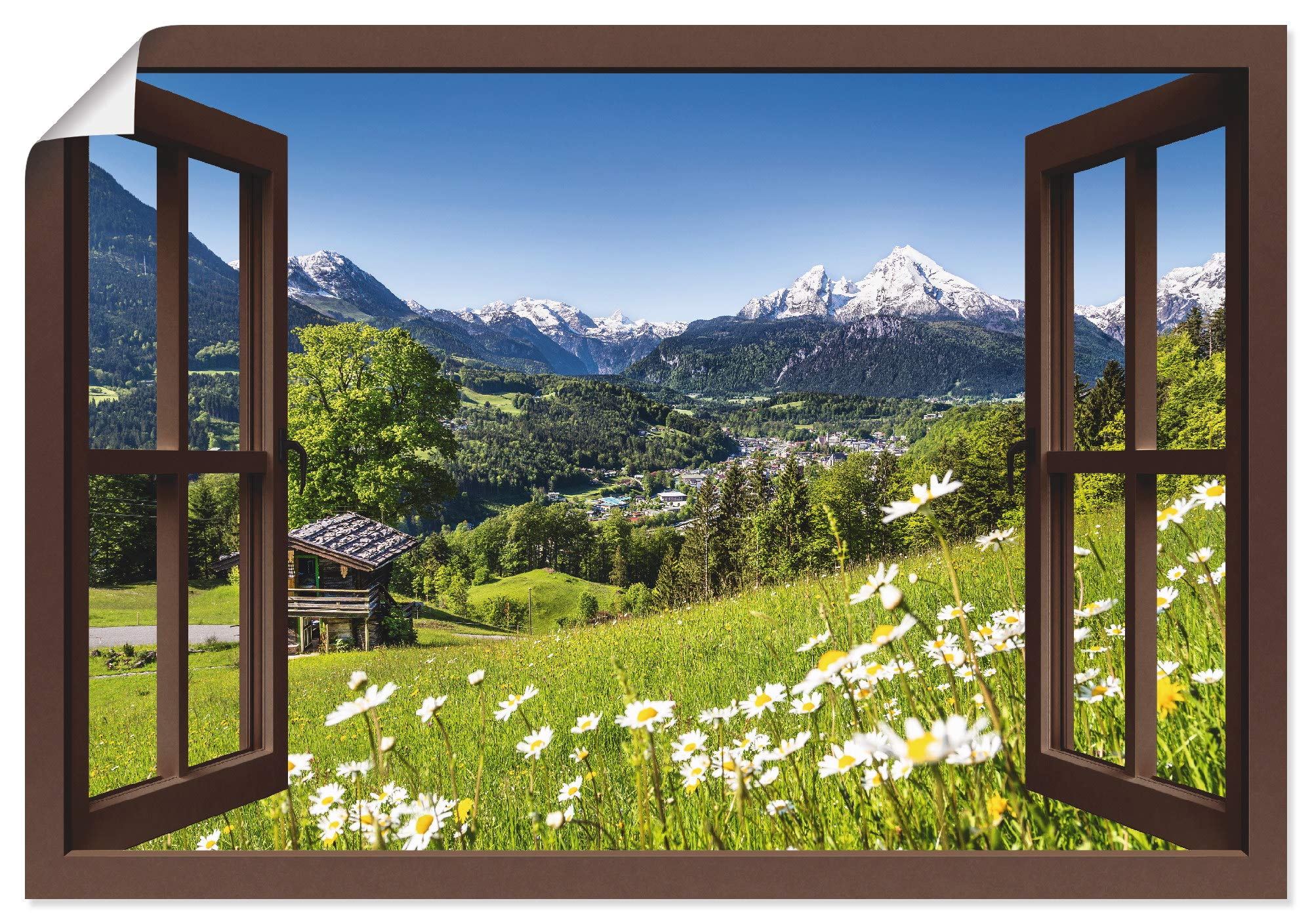 ARTland Poster Kunstdruck Wandposter Bild ohne Rahmen 70x50 cm Fensterblick Fenster Alpen Landschaft Berge Wald Gebirge Wiese Natur T5TP