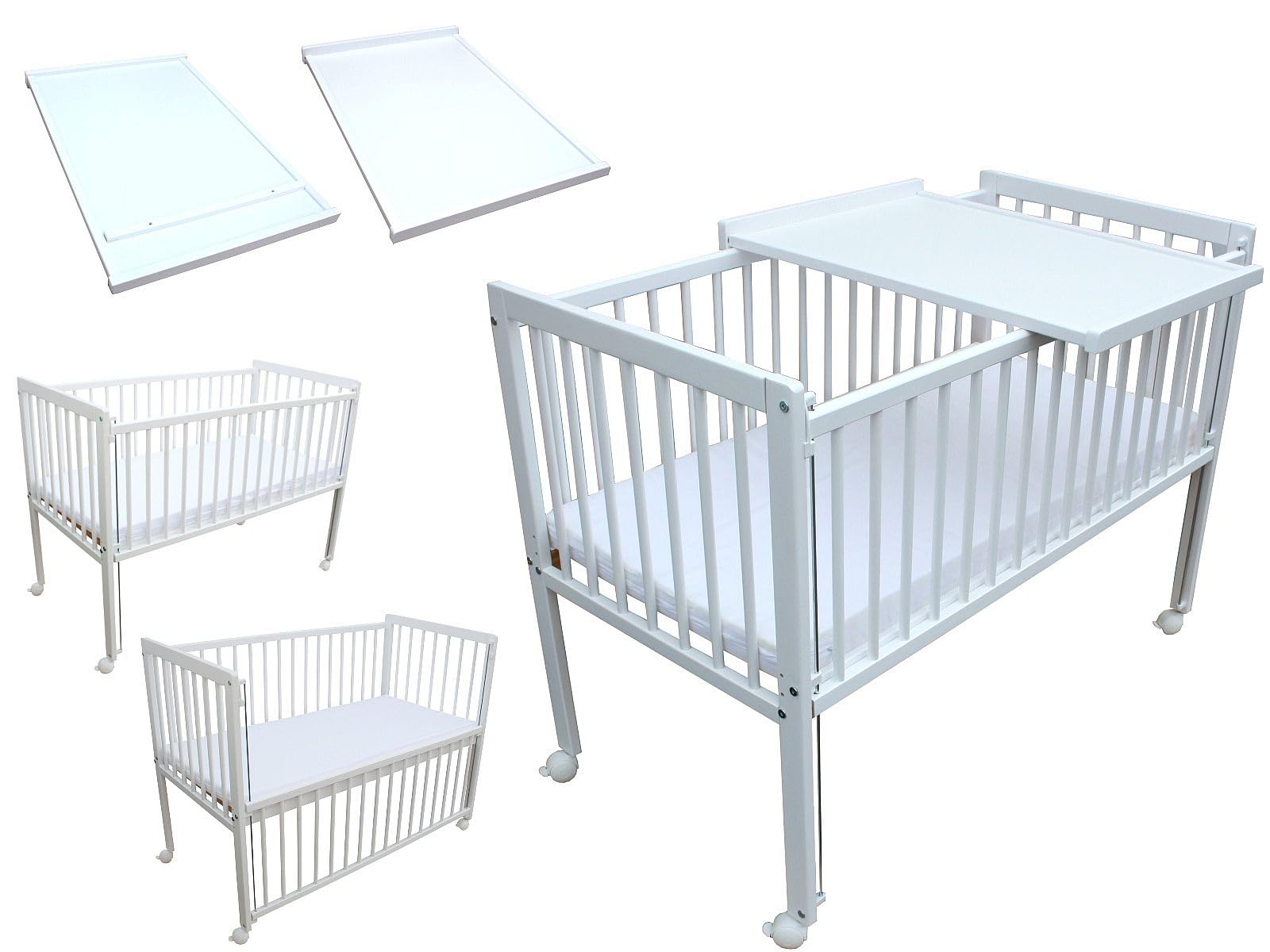 Micoland Kinderbett/Beistellbett/Babybett 2in1 120x60cm mit Matratze und Wickelbrett weiß