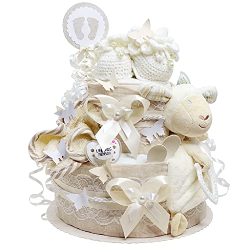 Windeltorte neutral | Windelgeschenk Schaf | Baby-Geschenk zur Geburt Taufe Babyshower | 2 Stöckig (Beige) Baby-Boy & Baby-Girl (Unisex) mit Strickschuhen Schnuffeltuch Schnuller Windeln & mehr