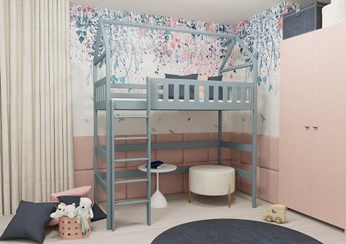 thematys OTYLIA Hochbett 90x200 - Sicheres & Modernes Mezzanin Kinderbett mit Lattenrost in 3 Farben wählbar (Grau)