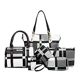 Ketamyy Damen 6-teiliges Tasche Tote Handtaschen Schultertasche Clutch Tasche Geldbörse Schlüsselhalter 6 Stück Set PU Leder Mit Schulterriemen Damen Mode Tasche Reise Einkaufen Dating Schwarz