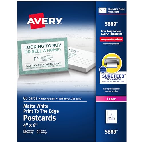 Avery 5889 Postkarten, Farblaserdruck, 4 x 6, unbeschichtet weiß, 2 Karten pro Blatt (Box mit 80 Stück)
