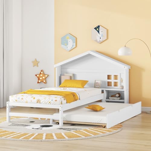 Idemon 90 * 200cm hausförmiges Kinderbett, flaches Bett, kleine Fensterdekoration, Glühlampe, Massivholz (Weiß)