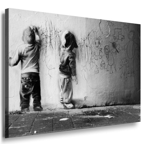 Fotoleinwand24 - Banksy Graffiti Art Kids Painting / AA0108 / Bild auf Keilrahmen/Schwarz-Weiß / 120x80 cm