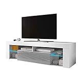 Selsey Hestia - TV Lowboard / TV Schrank, Weiß Matt / Grau Hochglanz, mit LED-Beleuchtung, 140 x 35 x 50,6 cm