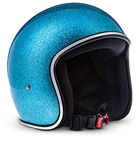 Rebel · R2 „Flakes Blue“ (Blau) · Jet-Helm · Mofa Retro Motorrad-Helm Chopper Scooter-Helm Roller · Fiberglass · Extra small Shell · Click-n-Secure™ Clip · Tragetasche · XS (53-54cm)