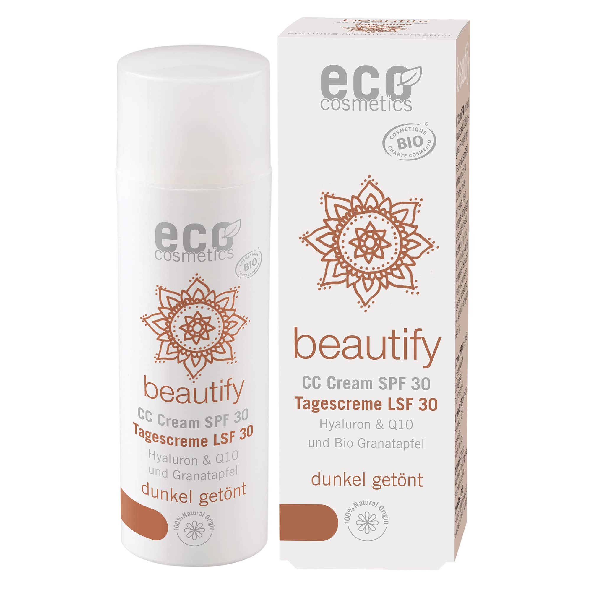 eco cosmetics Bio CC Cream, Tagescreme getönt dunkel mit OPC, Q10 und Hyaluronsäure, vegane Anti Faltencreme, LSF 30, 1x 50ml