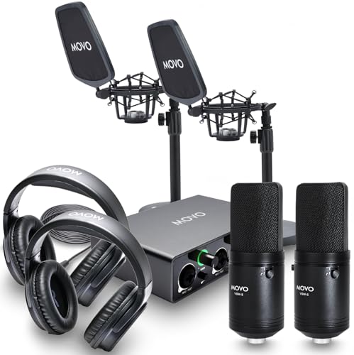 Movo 2er Pack VSM-5 Großmembran Professionelles Kondensatormikrofon-Kit mit MDX-1 2x2 Audio-Interface mit Tischständer und Studio-Kopfhörern - Podcast Equipment Set für YouTube, Podcast, Streaming