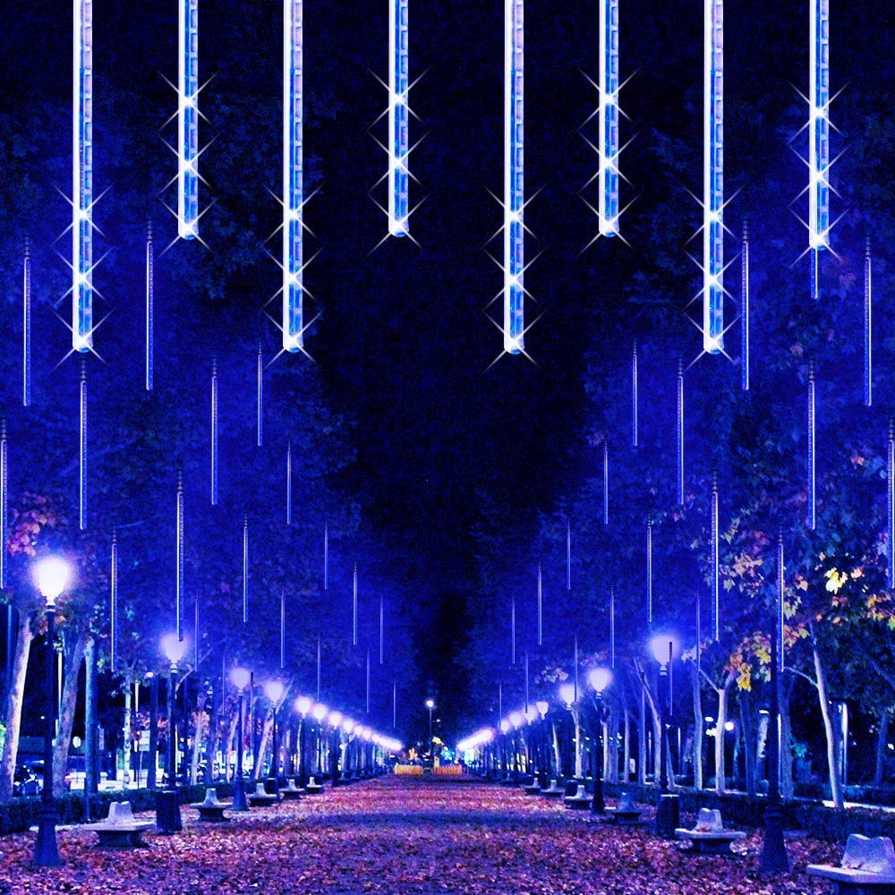 KINGCOO 288LED Meteorschauer Regentropfe Lichter, Wasserdicht 30cm 8 Tubes Schneefall Eiszapfen Lichtschläuche Solar Lichterkette für Garten Hochzeit Neujahr Party Weihnachtsbaum (Blau)
