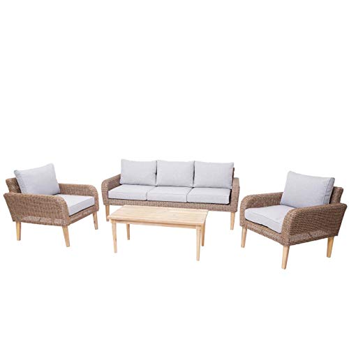 Mendler Garnitur HWC-H57, Garten-/Lounge-Set Sofa Sitzgruppe, rundes Poly-Rattan Alu + Akazie Spun Poly FSC - Kissen hellgrau