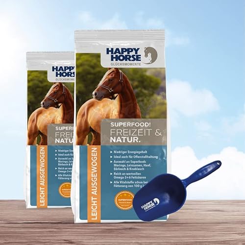 HAPPY HORSE Superfood Freizeit & Natur Pferdefutter 2 x 14kg + Futterschaufel - Optimal abgestimmt auf die Bedürfnisse von Pferden mit geringem Energiebedarf, Offenstall- oder Weidepferde