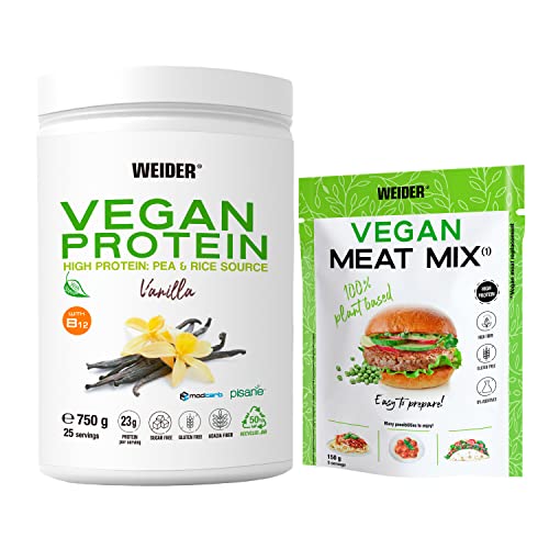 Weider PACK Vegan Protein Vanille-Geschmack (750g) + Vegan Meat Mix (150g). Qualität Protein 100% pflanzlich. Komplettpaket für vegane Proteingetränke und -mahlzeiten Zubereitungen. Glutenfrei.