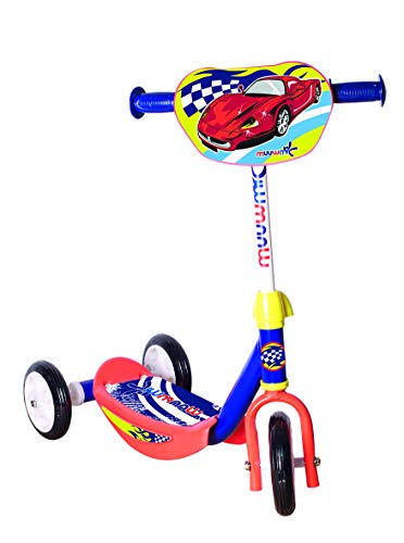 muuwmi Kiddyscooter – Tretroller für Kinder, 140/120 mm, 3-rädrig, kippstabil, Rennfahrer, blau-orange