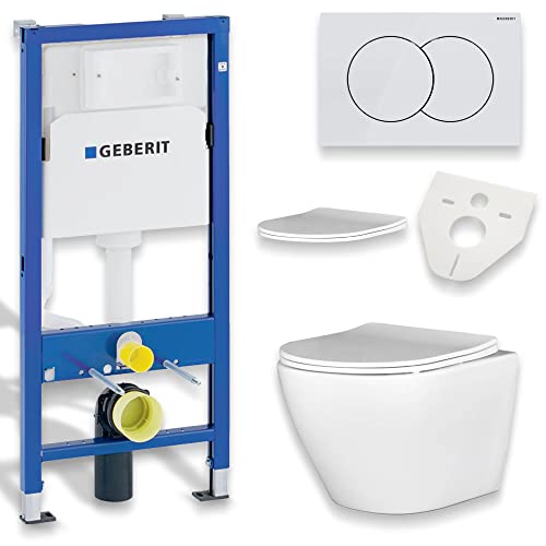 BADLAND WC Set: Geberit Duofix Basic UP 100 Vorwandelement + Wand-WC Desna Weiß + Betätigungsplatte Delta01 Weiß + Slim WC-Sitz Soft-close + Schallschutzmatte