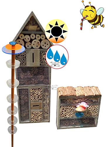 Insektenhaus Dunkelbraun Teak Look mit Schmetterlingshaus braun Gartendeko-Stecker mit Lichteffekt, Sonnenfänger als funktionale Bienentränke + 2X Lotus BIENENHAUS Insektenhaus,XXL Bienenstock