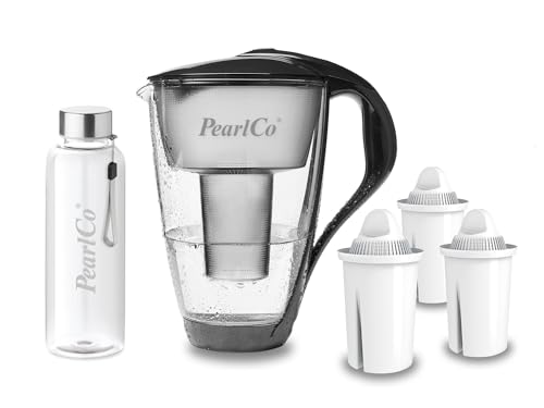 PearlCo - Glas-Wasserfilter (anthrazit) mit 3 Universal classic Filterkartuschen + 1 Trinkflasche aus Glas