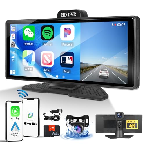 OiLiehu 10.26 Zoll Touchscreen Autoradio mit 4K Dashcam Vorne Wireless CarPlay Android Auto 1080P IPS Autoradio mit Bildschirm Mirror Link/FM/Bluetooth/AUX/EQ/64G TF-Karte + Rückfahrkamera